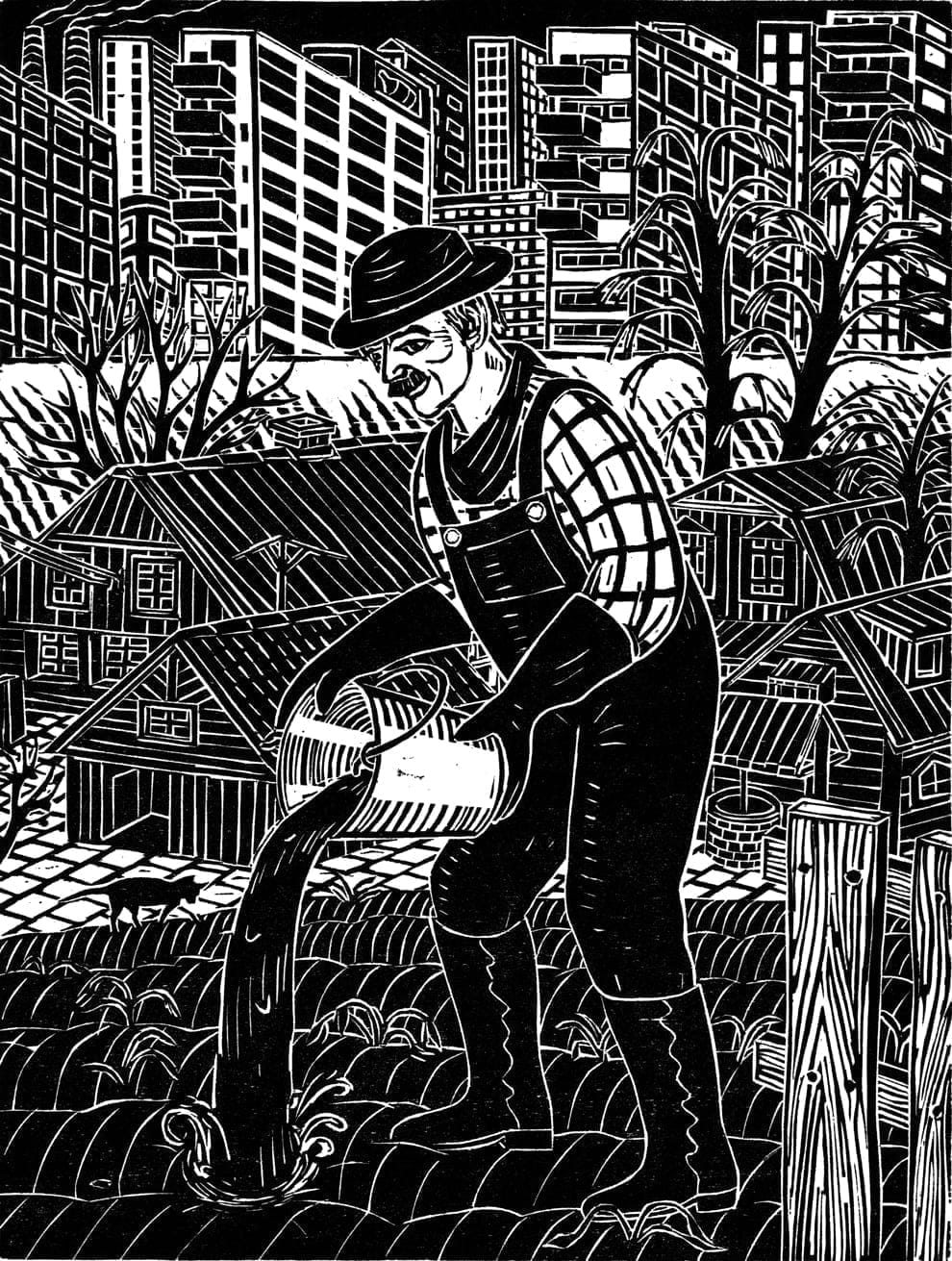 A woodcut illustration of a farmer pouring sewage from a bucket on to his crop field. In the background are high-rise tower blocks.