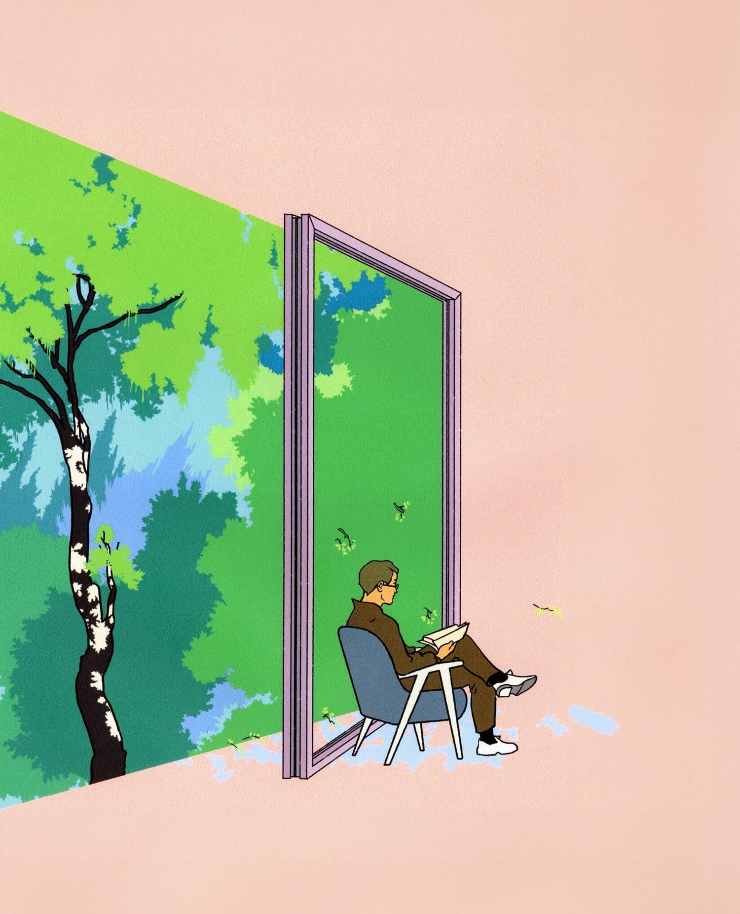 Illustration of Kim Stanley Robinson sitting next to a window looking out at nature